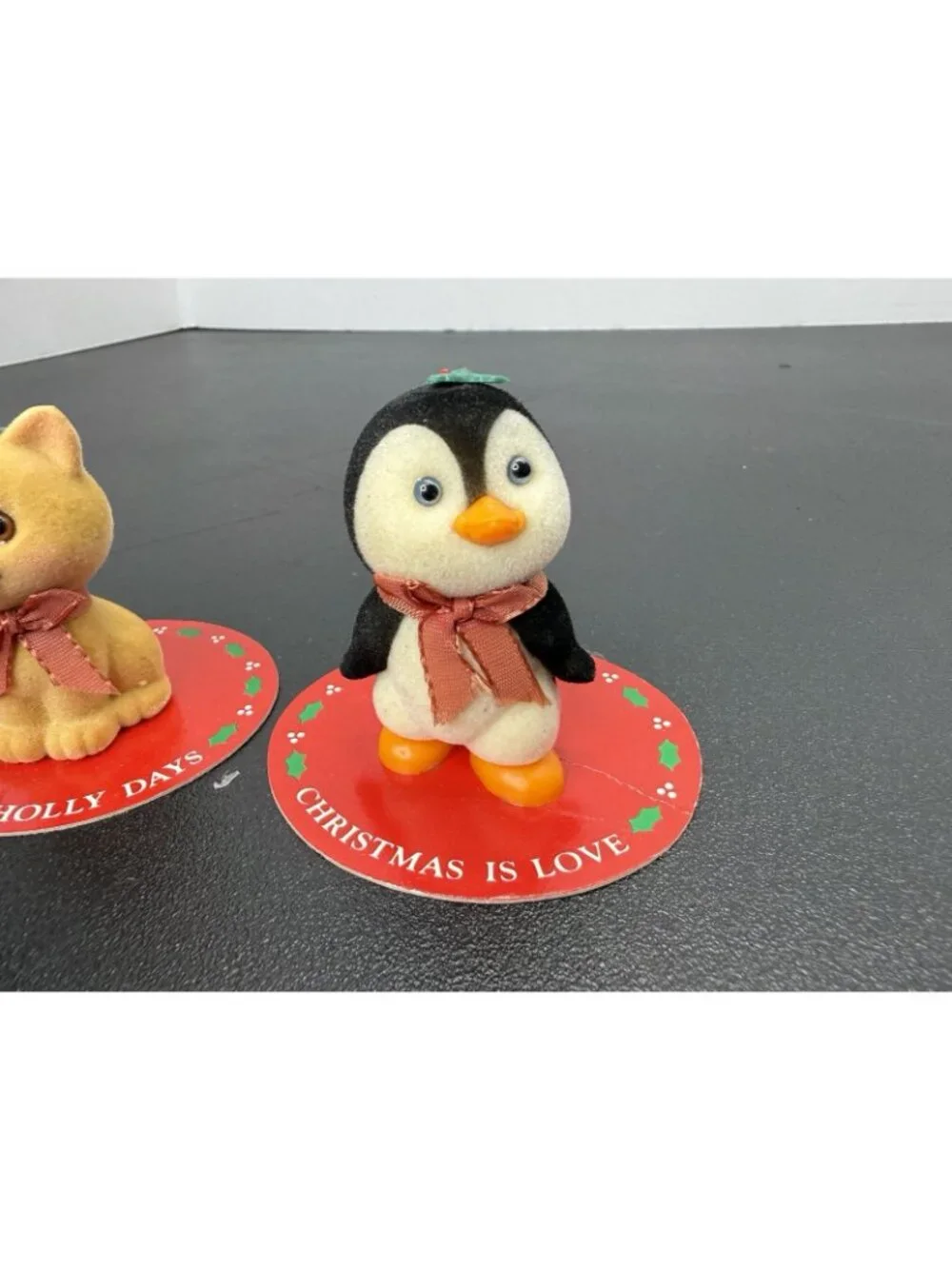 3 Vintage Russ & Berrie Co. Mini Christmas Flocked Figures Dog Penguin Cat